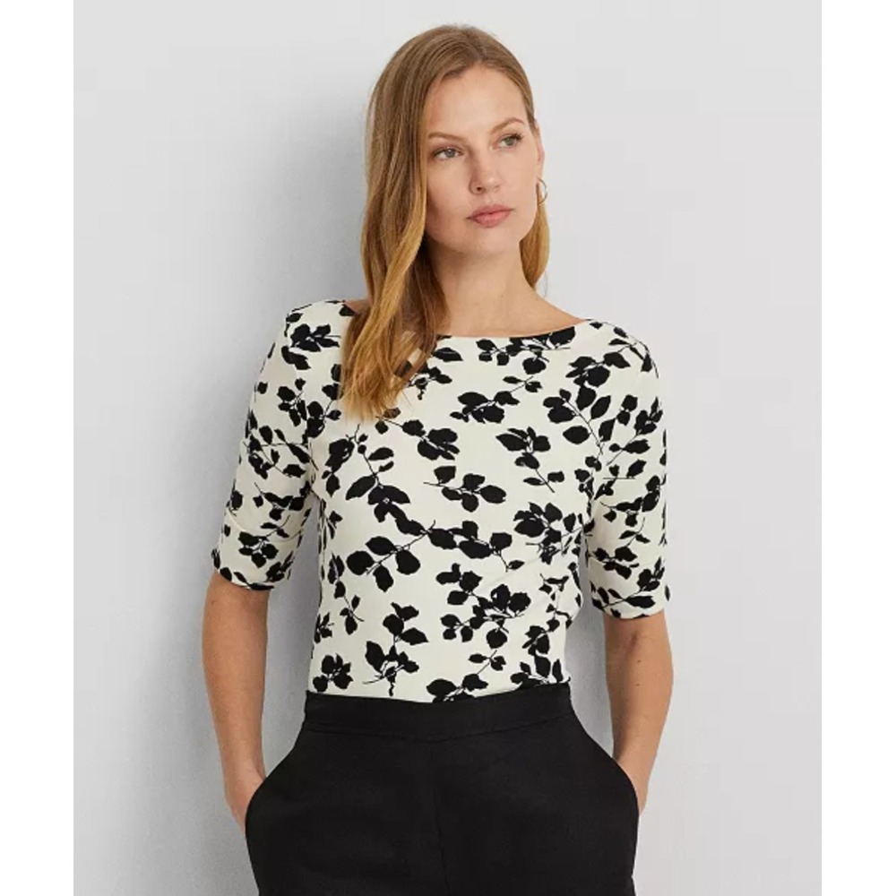 Lauren Ralph Lauren Floral Boatneck Top Womens XXL‎ White Black Excellent